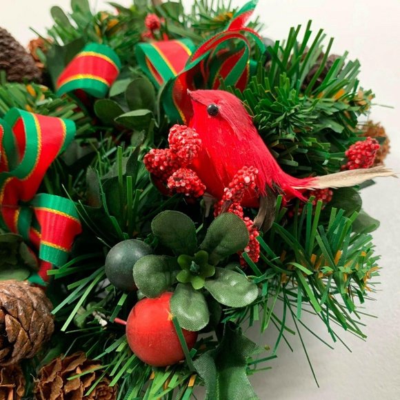 Christmas Candle Holder Ring Centerpiece Cardinal Bird Rustic Pine Cones 1960s - Picture 2 of 7